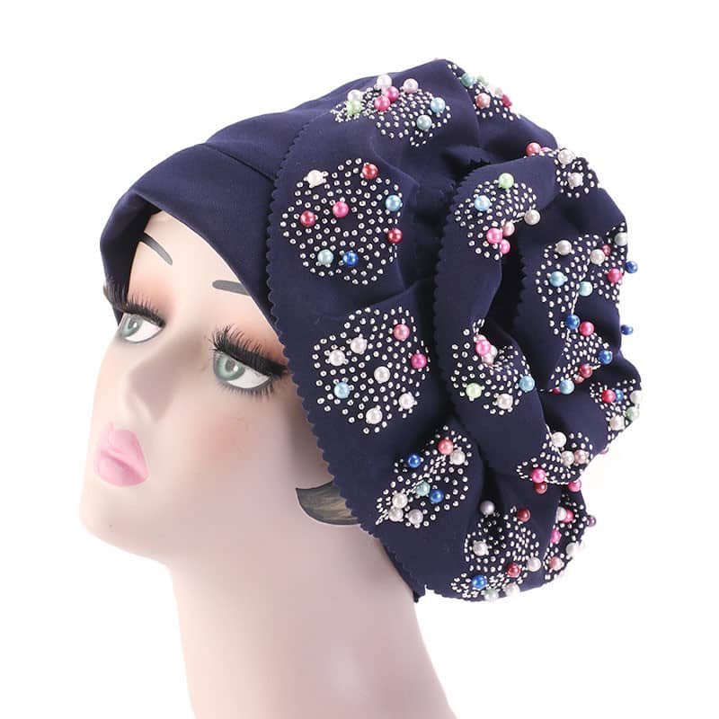 Bonnet Chapeau Perlé en Fleur Chic - Bleu de Nuit