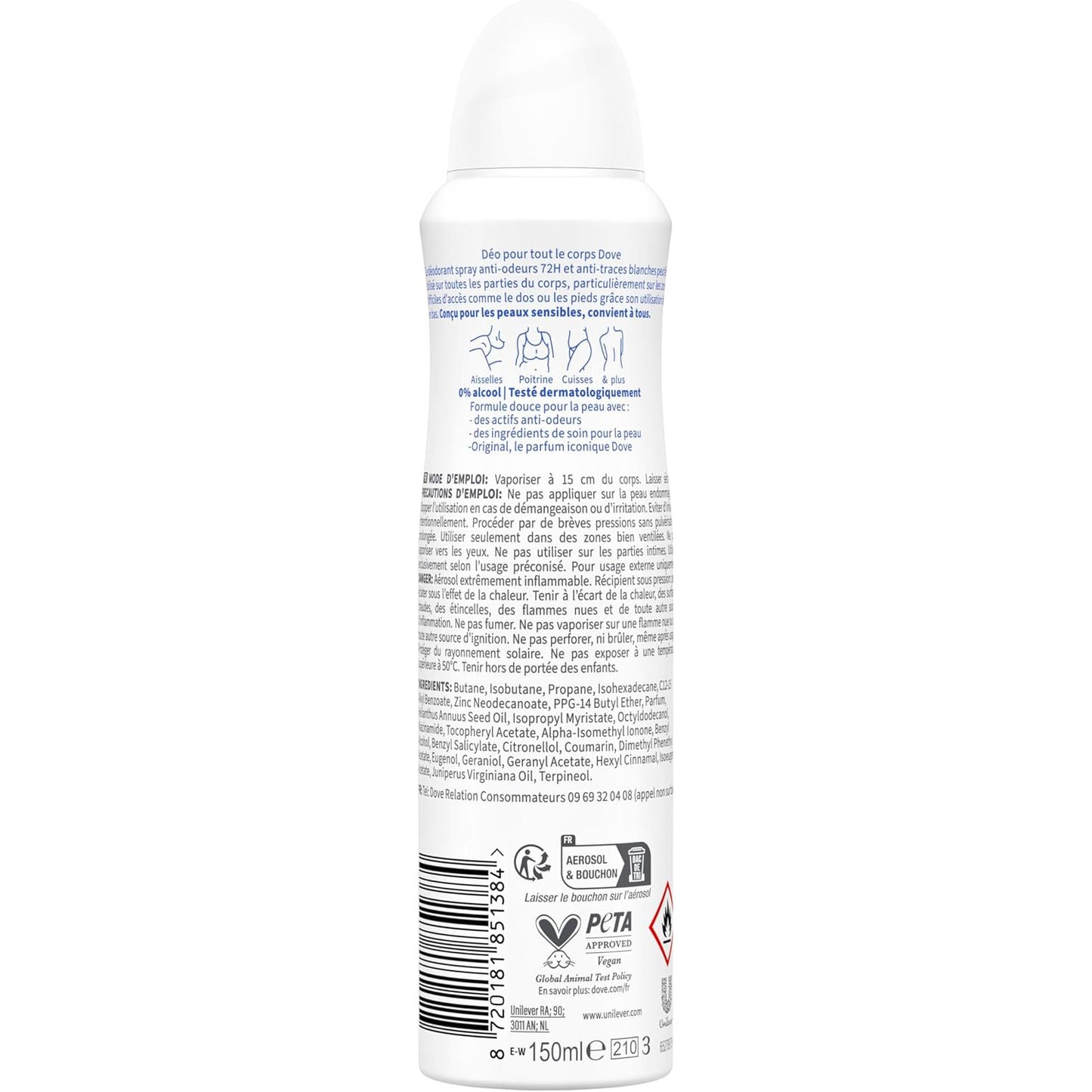 Dove Déodorant Corps Original Spray 72h 0% Alcool 150ml | BintaBeauty Sénégal
