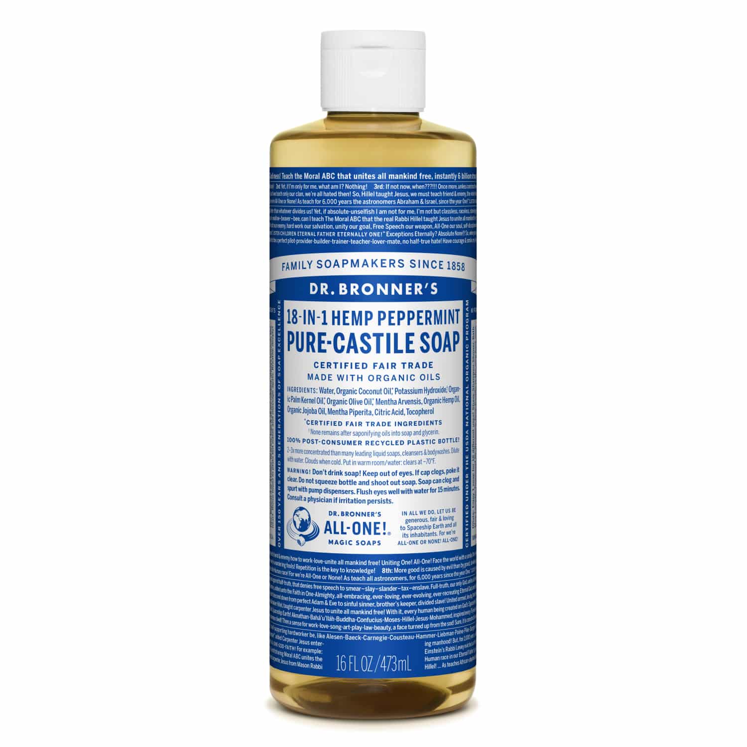 Dr. Bronner's Peppermint Castile Soap - 18 en 1 - 473ml