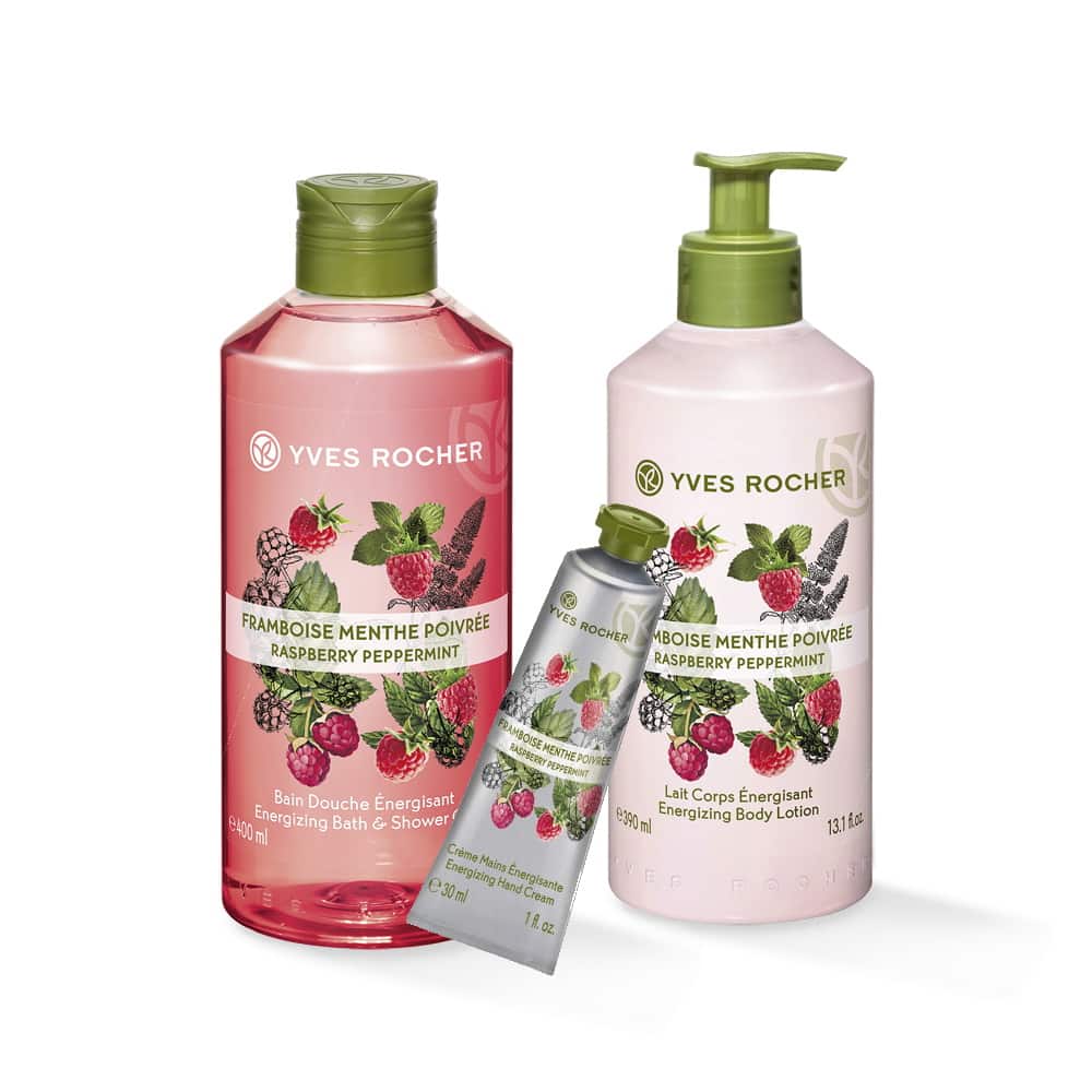 Yves Rocher Gamme Framboise &amp; Menthe Poivrée - Bain Douche + Lait de corps + crème main