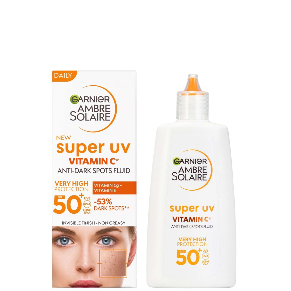 GARNIER Ambre Solaire Super UV Vitamine C + E Fluide Anti-taches Fini Invisible SPF 50+ – Image 1